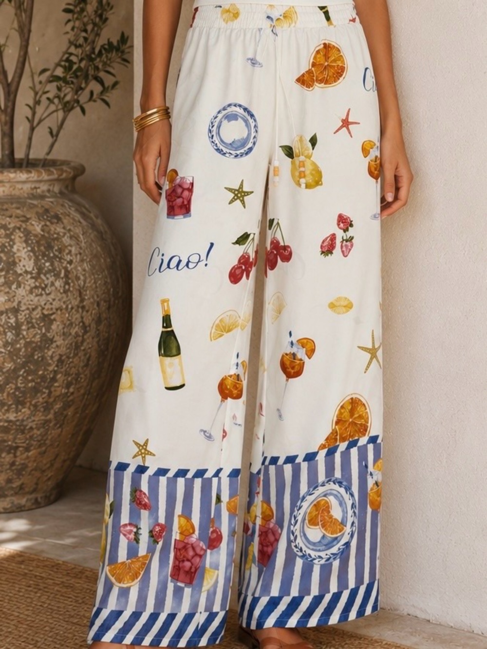 Bailey/44 Ciao! Italian Riviera Print Satin Wide Leg Drawstring Pants Size S